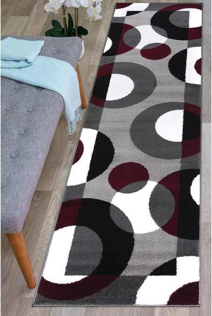 Modern Circles Carpet Easy Maintenance for Home Office,Living Room,Bedroom,Kitchen Soft Runner Rug 2' X 7'2" Burgundy