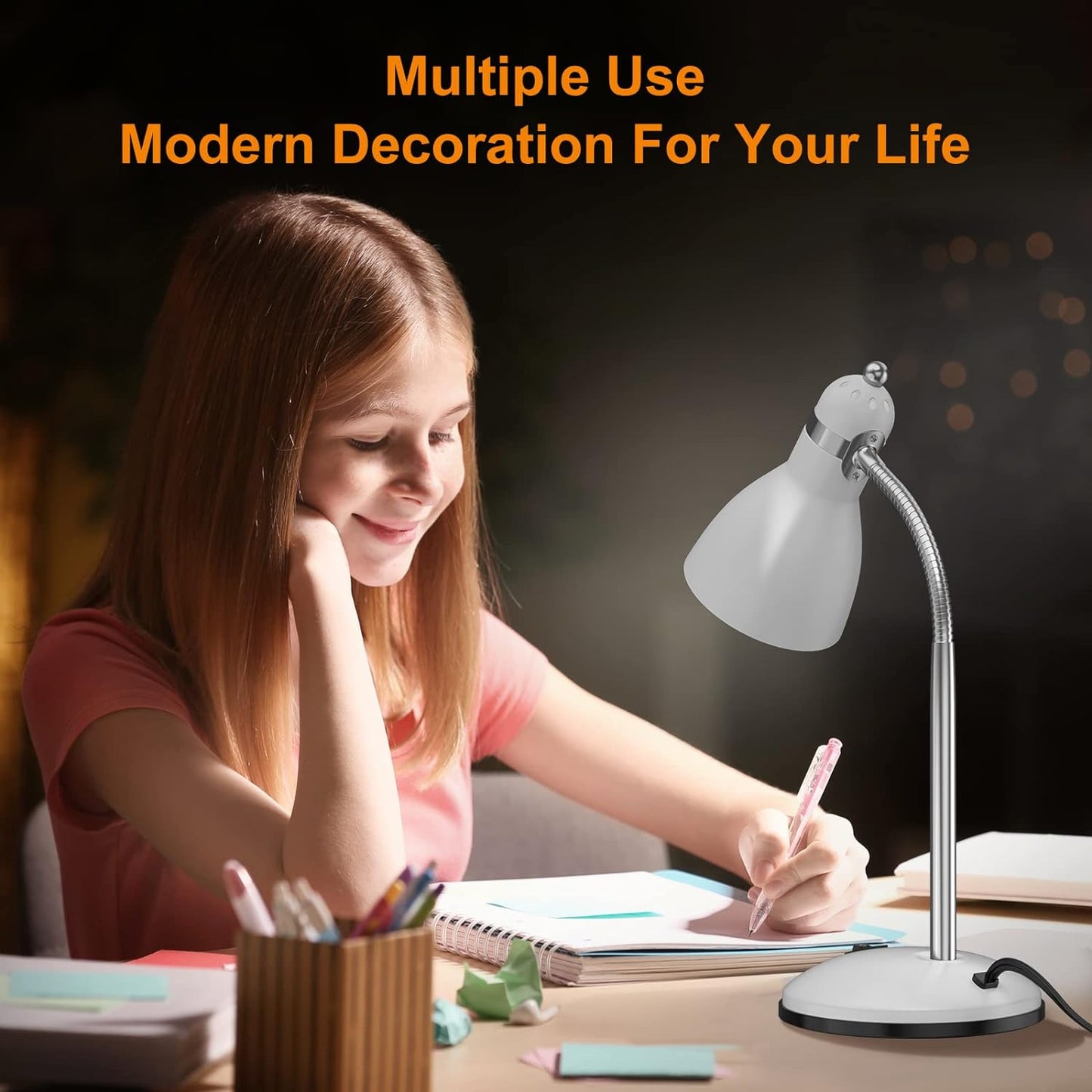 Metal Desk Lamp, Adjustable Goose Neck Table Lamp, Eye-Caring Study Desk Lamps for Bedroom, Study Room and Office (White)