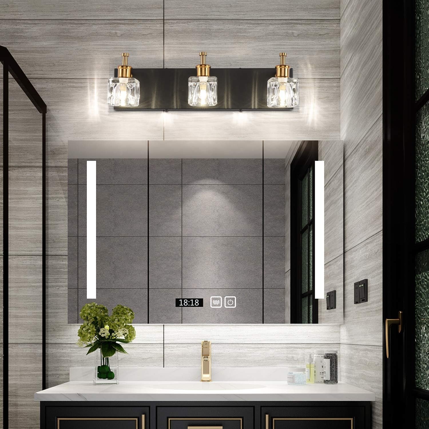 Modern Black Bathroom Vanity Light Fixtures over Mirror LED Crystal 3 Light Bath Wall Lighting(Exclude Bulb)