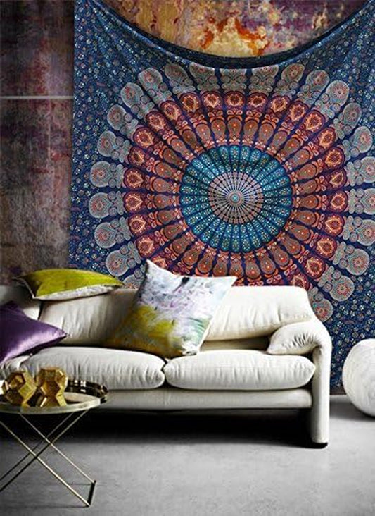 Tapestry Wall Hanging Hippie Mandala Bohemian Hippy Psychedelic Intricate Floral Design Indian Tapestries Bedspread 84 X 90 Inches (215Cm X 230Cm) Red Yellow