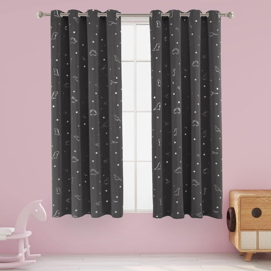 Dinosaur and Star Foil Print Blackout Curtains for Kids Room - Thermal Insulated Curtains Noise Reducing Window Drapes for Boys and Girls Bedroom, 52 X 63 Inch, Grey, Set of 2 Panels