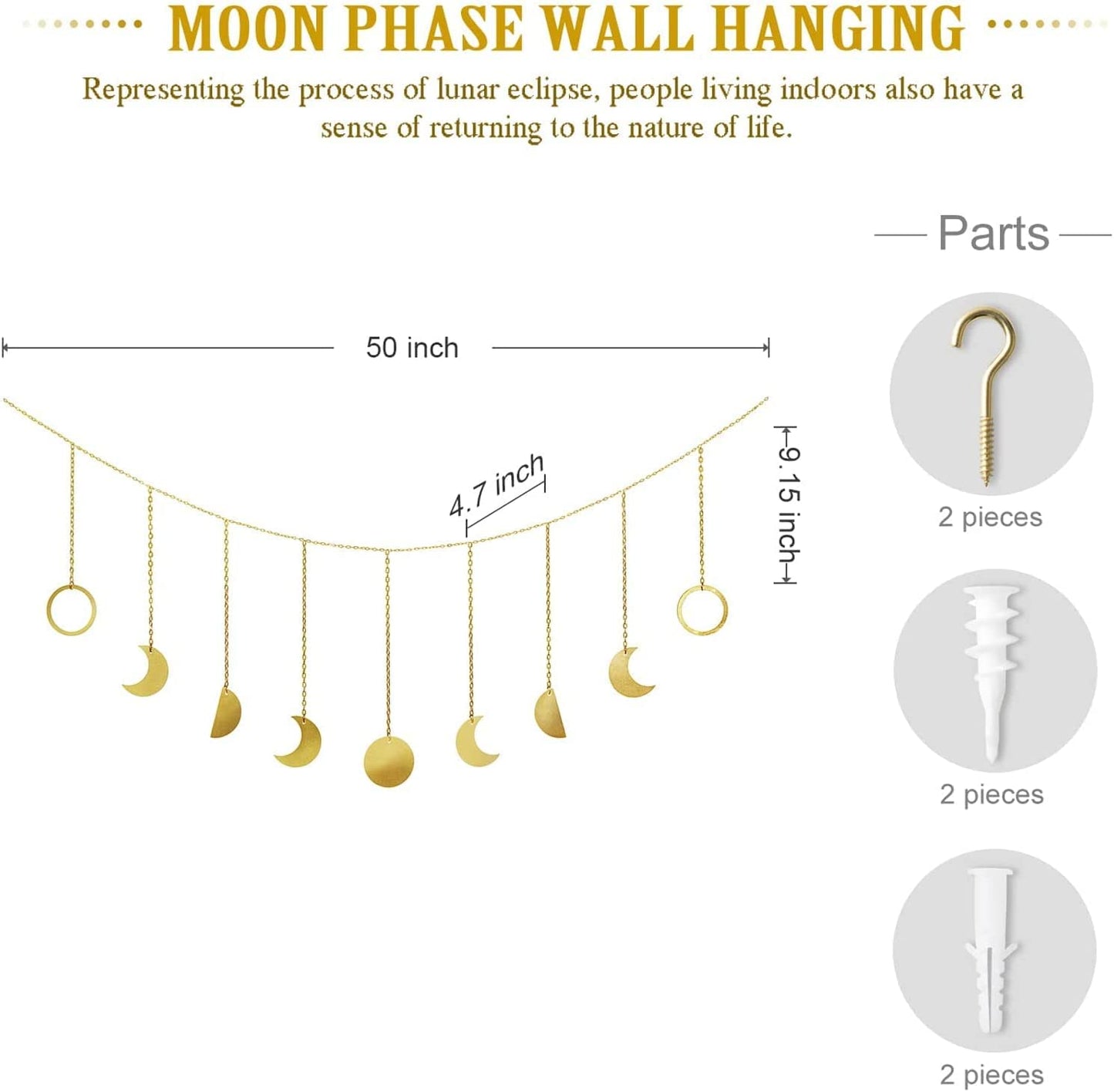 Moon Phase Wall Hanging Boho Aesthetic Room Decor Metal Moons Garland Hanging Art Bohemian Home Decoration for Girls Room Nursery Bedroom Livingroom Dorm, Ideal, Gold, 50"