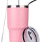 30Oz Tumbler Double Wall Stainless Steel Vacuum Insulated Travel Mug with Splash-Proof Lid Metal Straw and Brush (Pink)