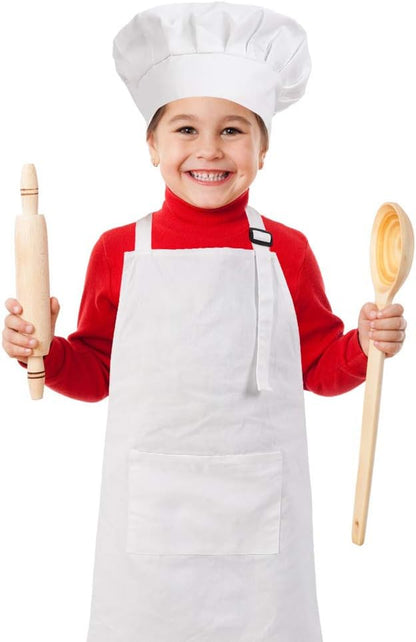 Kids Apron and Chef Hat Set, Adjustable Cotton Child Aprons with Large Pocket White Girls Boys Kitchen Bib Aprons for Cooking Baking Painting