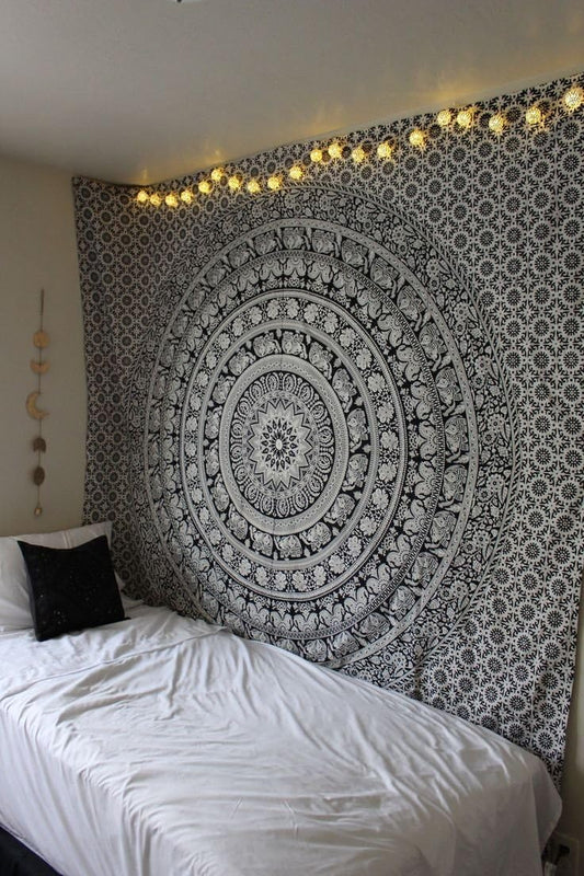 Black-White Elephant Mandala Tapestry Wall Hanging for Room Decor - King (90 X 108 Inches) | Aesthetic Wall Blanket, Ehtnic Bedspread Bohemian Cloth Wall Art | Indian Hippie Wall Blanket for Bedroom