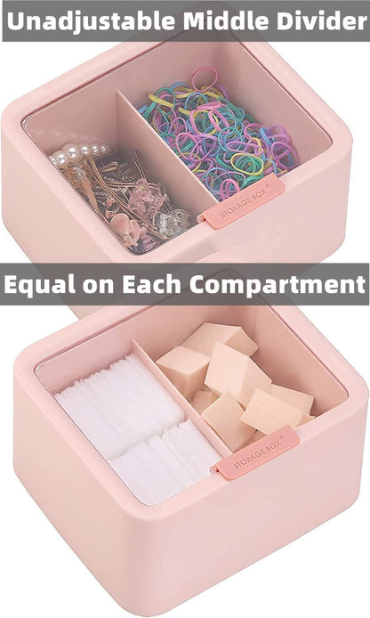 Qtips Storage Organizer - 2 Grids Separate Cotton Swabs Dispenser Qtips Holder Bathroom Canisters with Hinged Lids for Cotton Balls, Cotton Pads, Pink