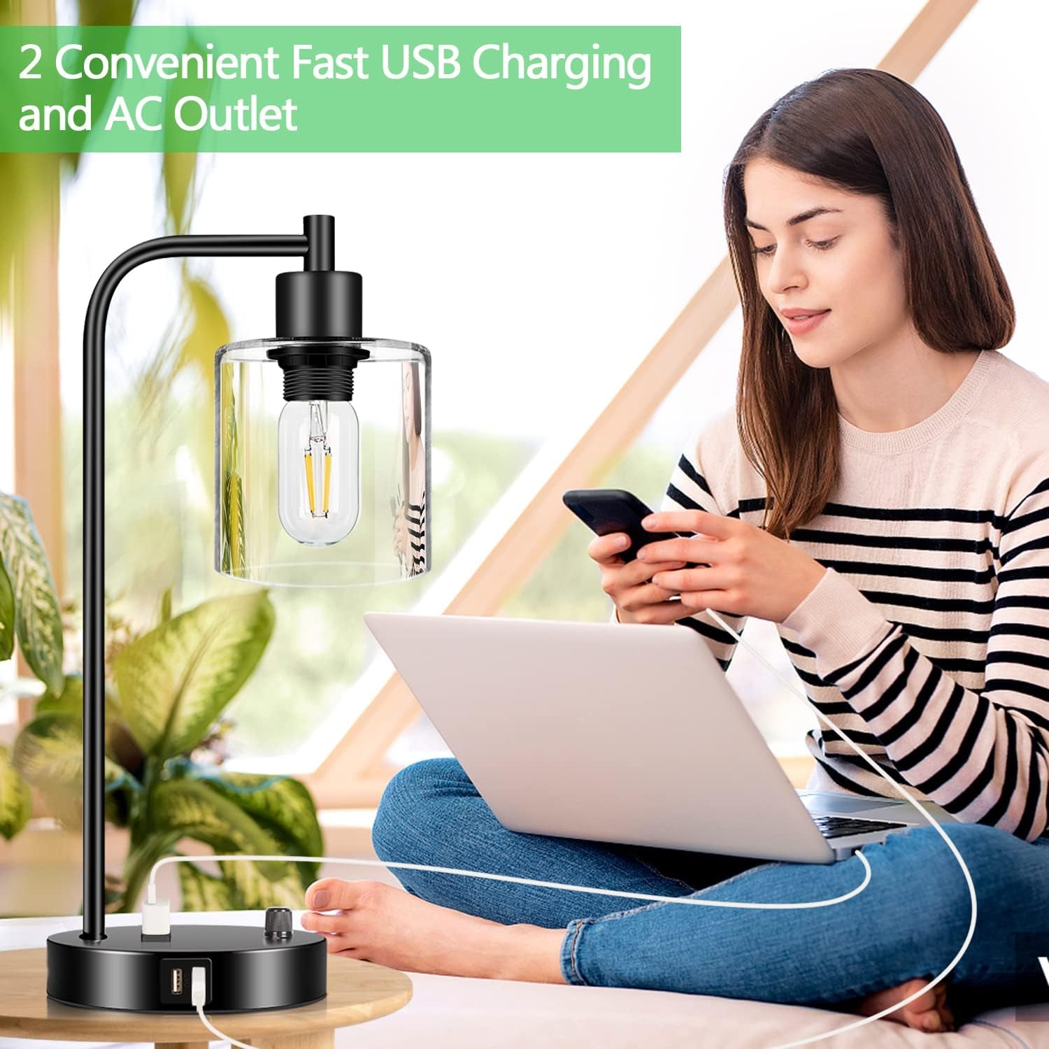 Set of 2 Industrial Table Lamp with 2 USB Port and AC Outlet, Fully Stepless Dimmable Modern Nightstand Lamp, Glass Lampshade Desk Lamp for Bedroom Living Room Office, 2 LED Bulbs Included