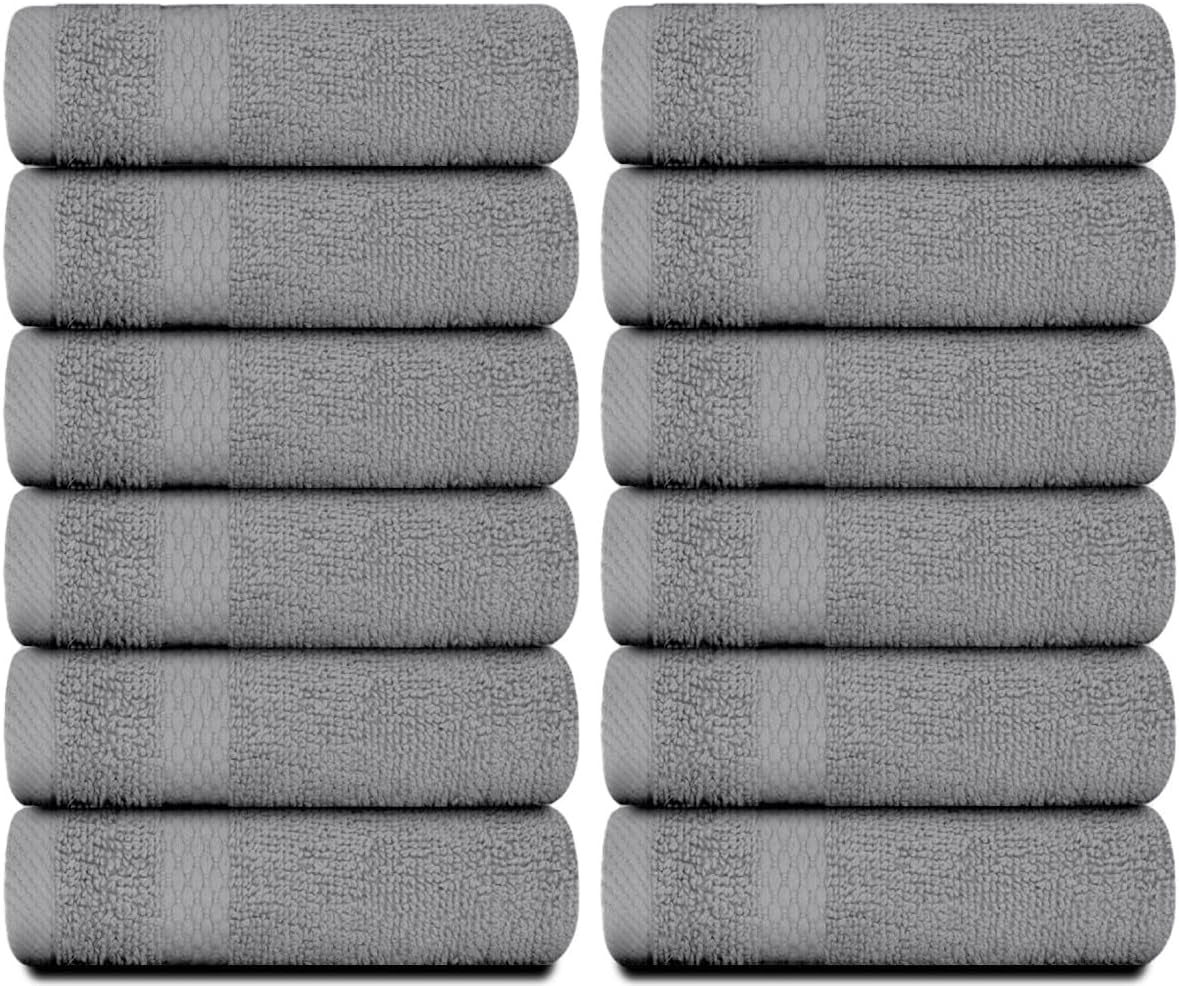 Light Grey Luxury Cotton Washcloths 12 Pc Set - Large 13X13 Inches Hotel Style Face Towel, High Absorbent Quick Dry Wash Cloths for Home, Spa, Gym, Light Grey, 12 Pack