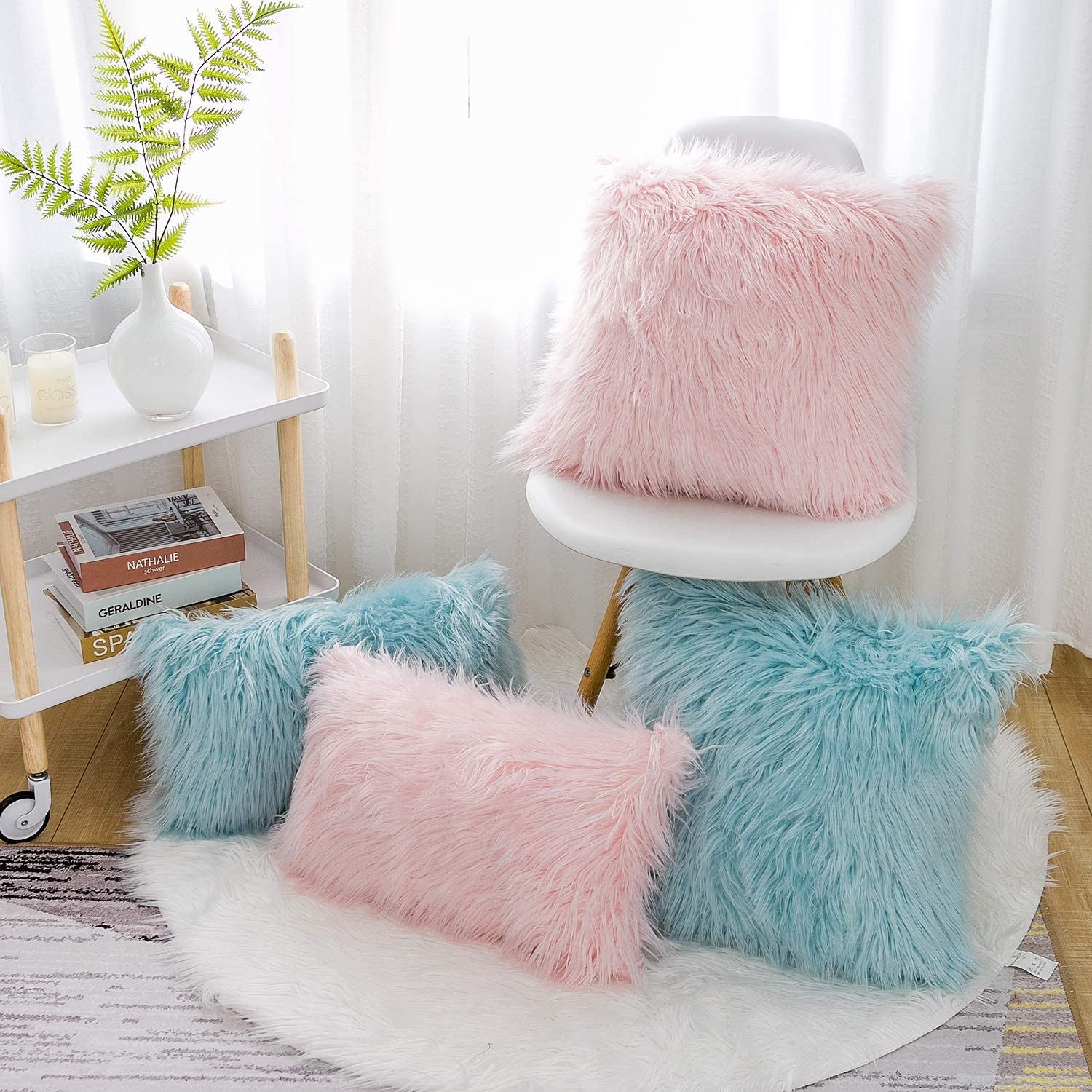 Set of 2 Valentines Day Pink Fluffy Pillow Covers New Luxury Series Merino Style Blush Faux Fur Decorative Throw Pillow Covers Square Fuzzy Cushion Case 18X18 Inch