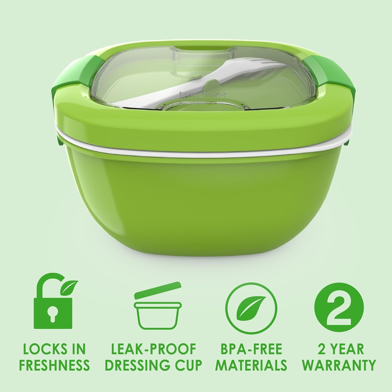 All-In-One Salad Container - Large Salad Bowl, Bento Box Tray, Leak-Proof Sauce Container, Airtight Lid, & Fork for Healthy Adult Lunches; Bpa-Free & Dishwasher/Microwave Safe (Green)