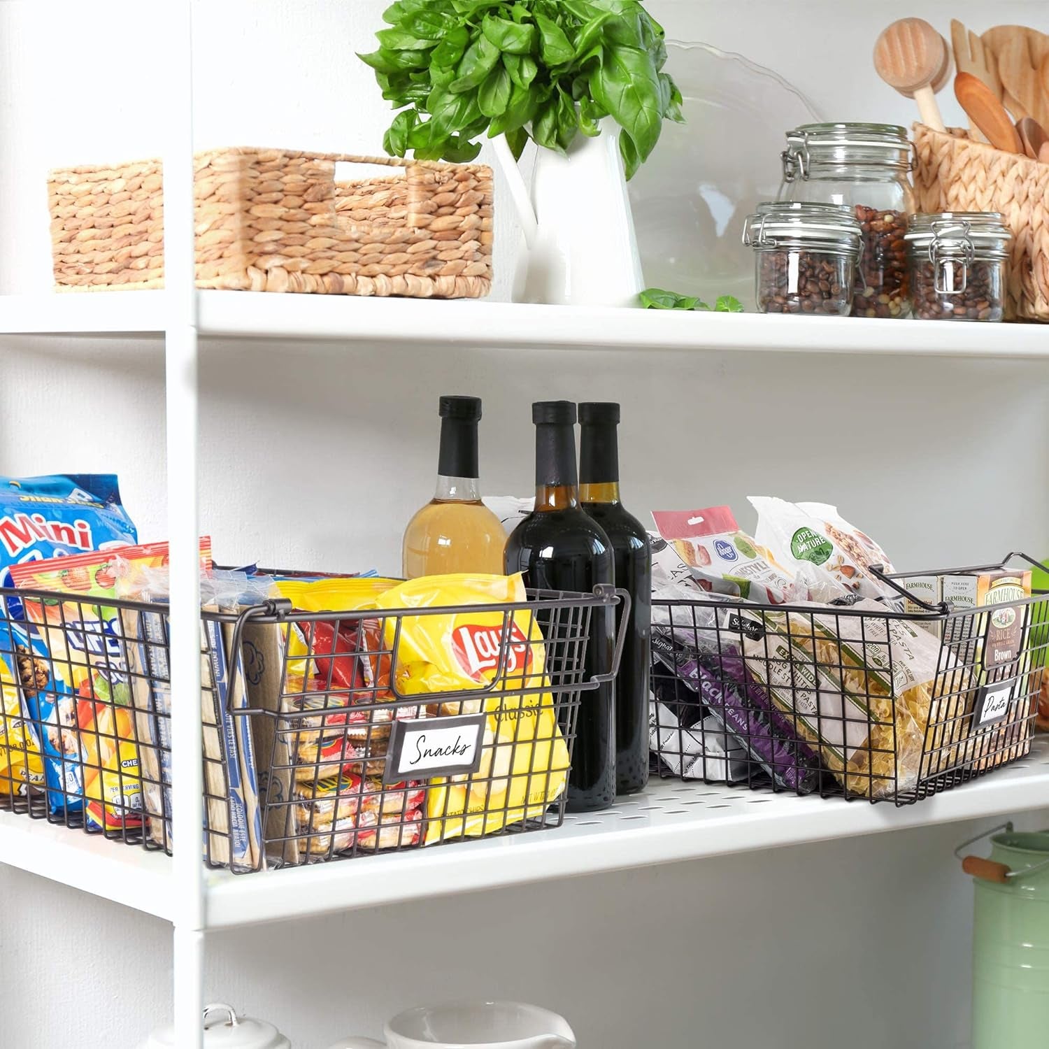 XXL Stackable Wire Baskets for Organizing - Set of 2 Snack & Chips Organizer for Pantry; Wire Storage Baskets with Handles; Extra Large Bronze Chip Storage for Pantry