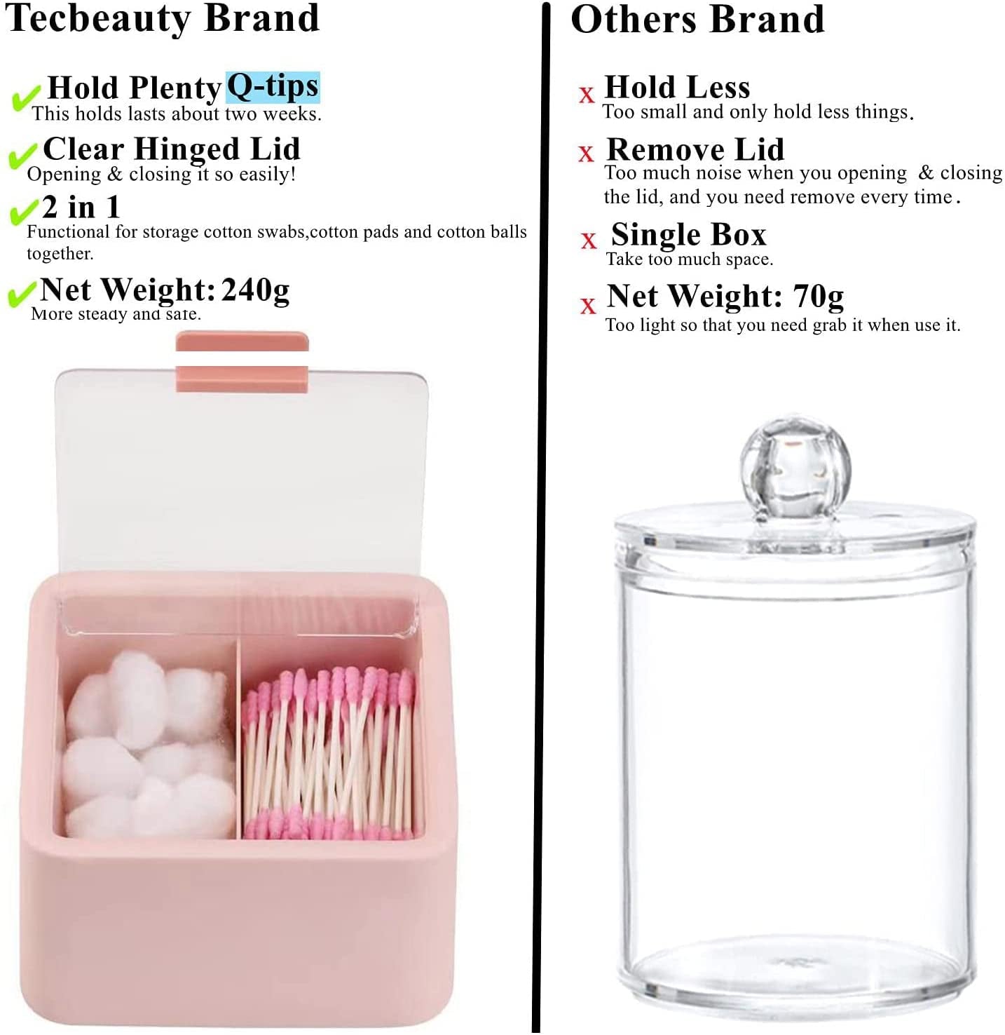 Qtips Storage Organizer - 2 Grids Separate Cotton Swabs Dispenser Qtips Holder Bathroom Canisters with Hinged Lids for Cotton Balls, Cotton Pads, Pink