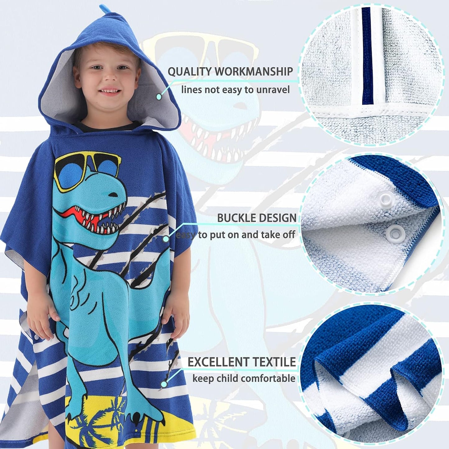 Dinosaur Bath Towel for Toddler Boys, Pool Hooded Towel for Kids, Hooded Bath Beach Towel Poncho for Bath/Pool/Beach Swim Cover