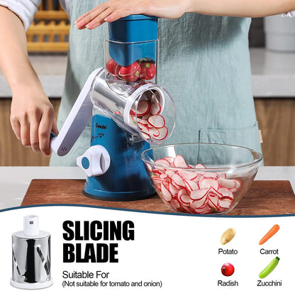 Rotary Cheese Grater, Kitchen Mandoline Vegetable Slicer with 3 Interchangeable Blades, Easy to Clean Rotary Grater Slicer for Fruit, Vegetables, Nuts