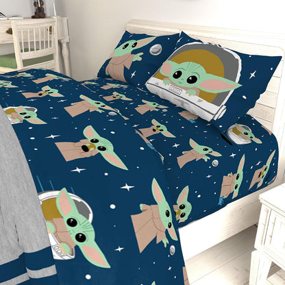 Star Wars the Mandalorian Hello Grogu Full Size Sheet Set - 4 Piece Set Super Soft and Cozy Kid’S Bedding - Fade Resistant Microfiber Sheets (Official Star Wars Product)