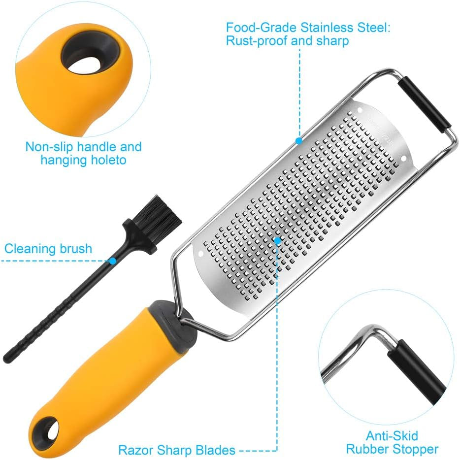 Pro Zester Grater, Lemon Zester, Parmesan Zester, Chocolate, with Razor-Sharp Stainless Steel Blade, Protective Cover and Cleaning Brush, Dishwasher Safe, by