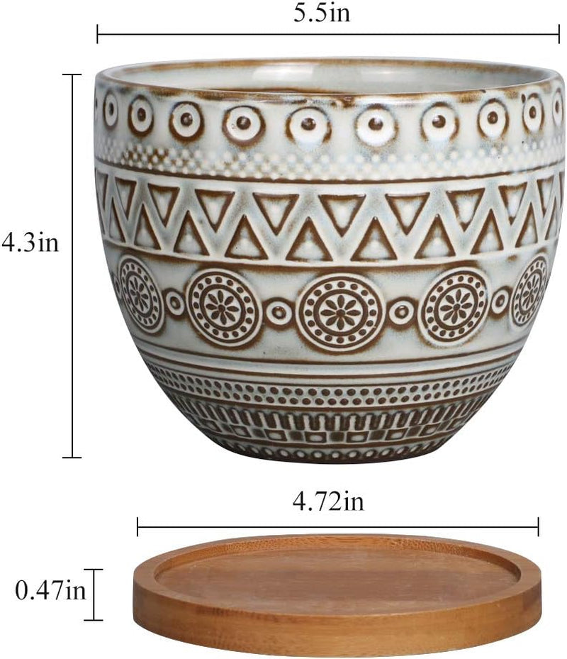 5.5In Geometry Ceramic Planter Large round Succulent Planter Flower Pot Indoor and Outdoor Brown Set of 2