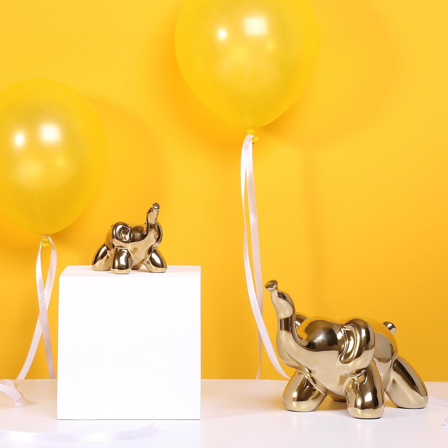 Gold Home Décor Balloon Figurine Accent, Small Ceramic Animal Statue Handmade Sculpture Ornament (Elephant)