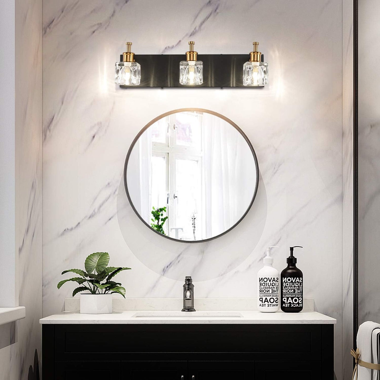 Modern Black Bathroom Vanity Light Fixtures over Mirror LED Crystal 3 Light Bath Wall Lighting(Exclude Bulb)