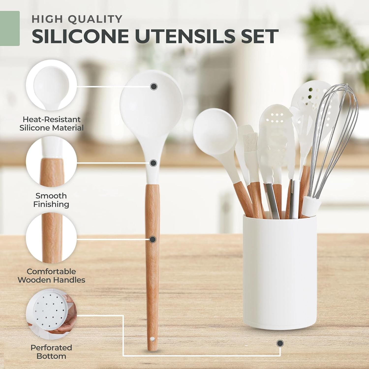 White Silicone Kitchen Utensils Set - Silicone Kitchen Utensils Set with Holder | 11 Pcs Wooden Cooking Utensils Set Kitchen Gadgets - Heat Resistant Utensil Sets for Cookware & Baking (BPA Free)