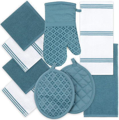 Kitchen Towels Dishcloths Oven Mitts and Pot Holders Set of 9, Oeko-Tex 100% Cotton Terry Dish Towels & Dish Cloths, Non-Slip Silicone, Blue