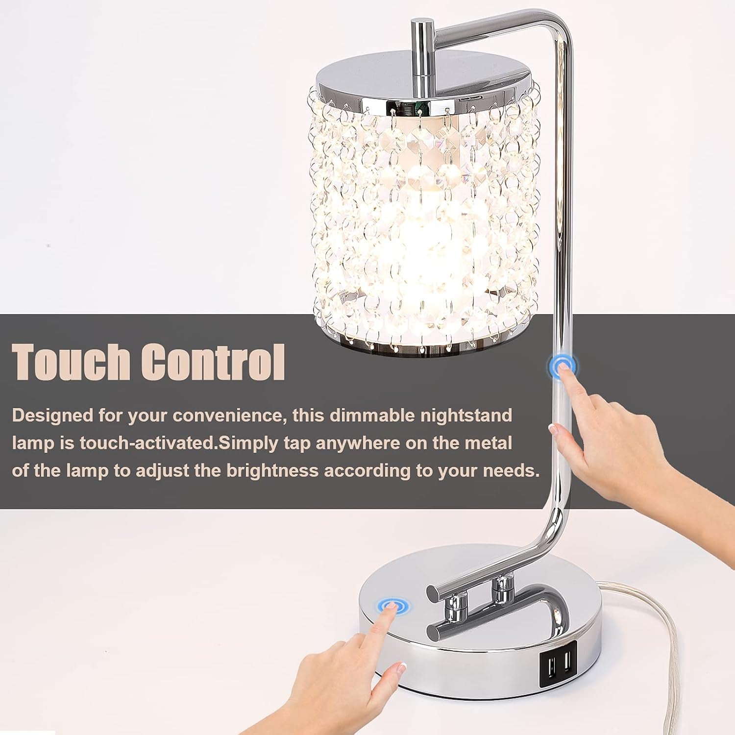 Crystal Touch Control Table Lamp, 3-Way Dimmable Modern Bedside Lamp with 2 USB Charging Ports, Sliver Shade Decorative Nightstand Lamp for Bedroom Living Room Dresser(Led Bulb Include)