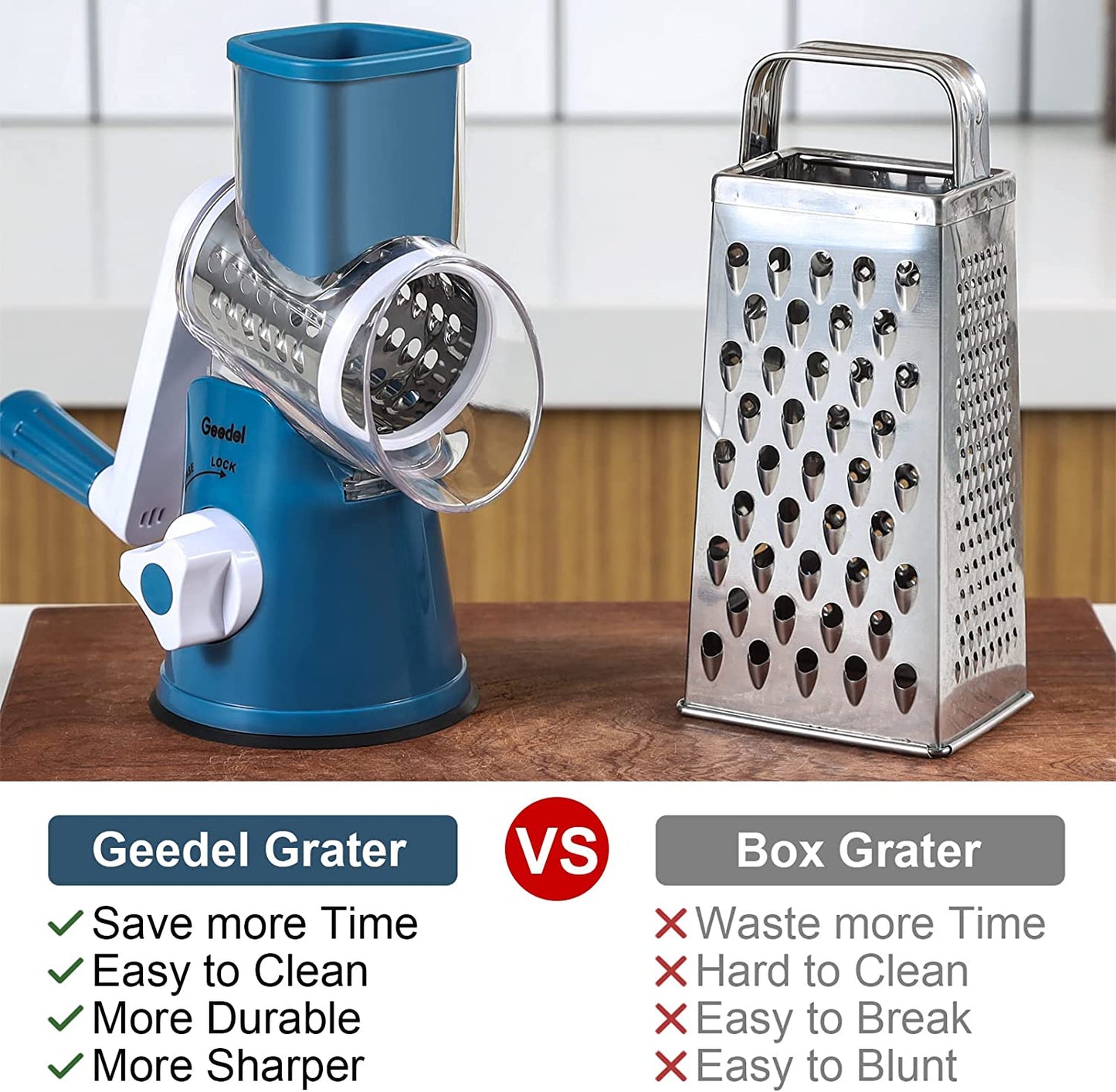 Rotary Cheese Grater, Kitchen Mandoline Vegetable Slicer with 3 Interchangeable Blades, Easy to Clean Rotary Grater Slicer for Fruit, Vegetables, Nuts