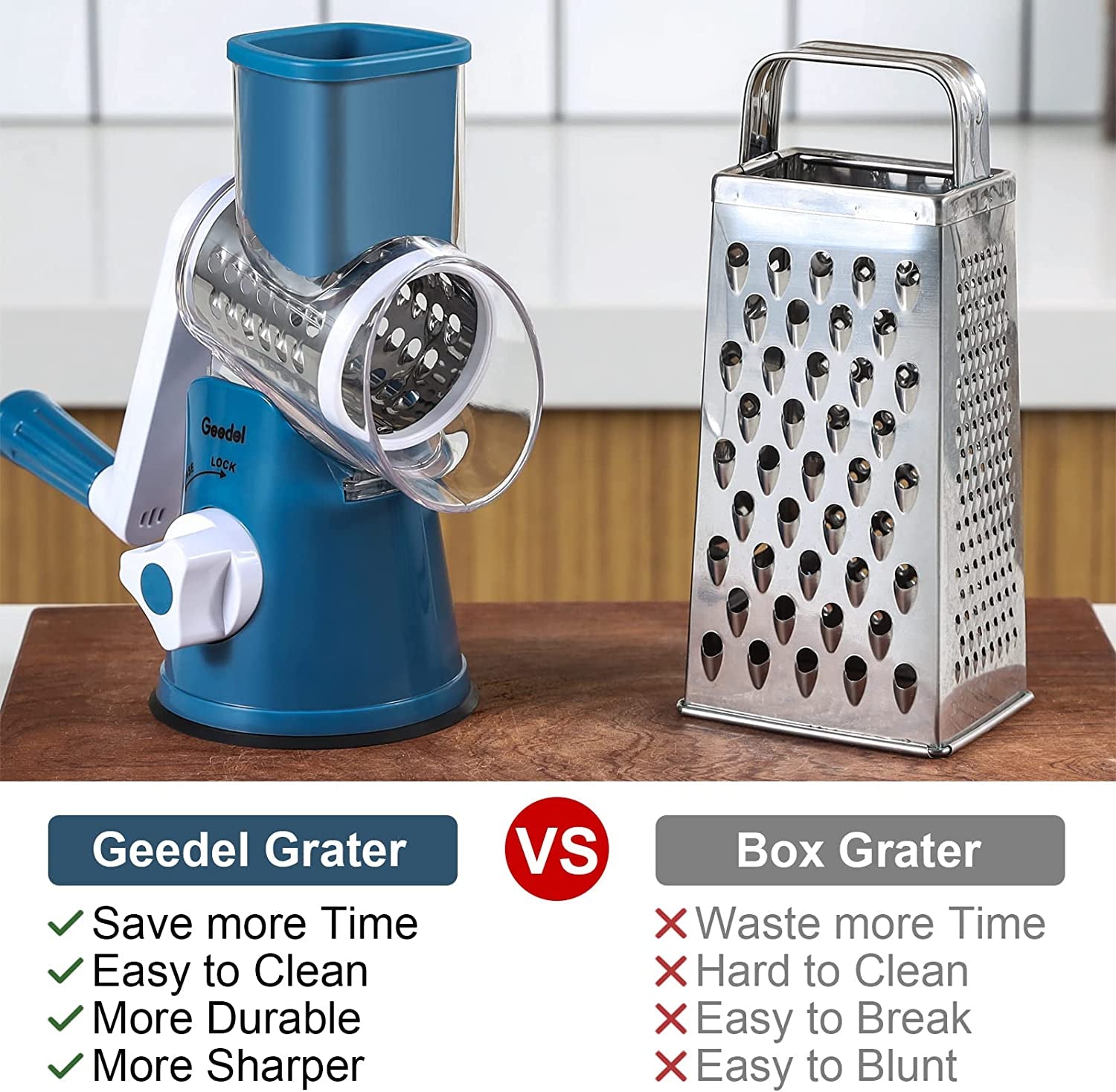 Rotary Cheese Grater, Kitchen Mandoline Vegetable Slicer with 3 Interchangeable Blades, Easy to Clean Rotary Grater Slicer for Fruit, Vegetables, Nuts