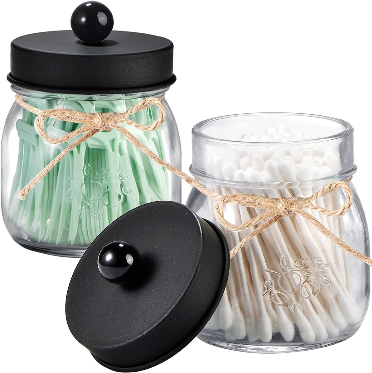 6 Pack Qtip Holders with Labels, Bathroom Organizers and Storage, Bathroom Decor, Apothecary Jars with Lids, Small Mason Jars for Qtips, Cottons, Floss, Balls, Cotton Swabs-Black