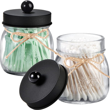 6 Pack Qtip Holders with Labels, Bathroom Organizers and Storage, Bathroom Decor, Apothecary Jars with Lids, Small Mason Jars for Qtips, Cottons, Floss, Balls, Cotton Swabs-Black