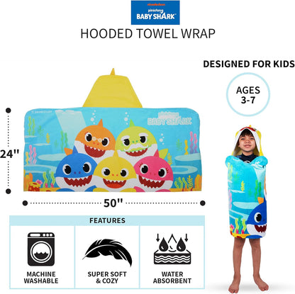 Kids Bath and Beach Soft Cotton Terry Hooded Towel Wrap, 24" X 50", Baby Shark