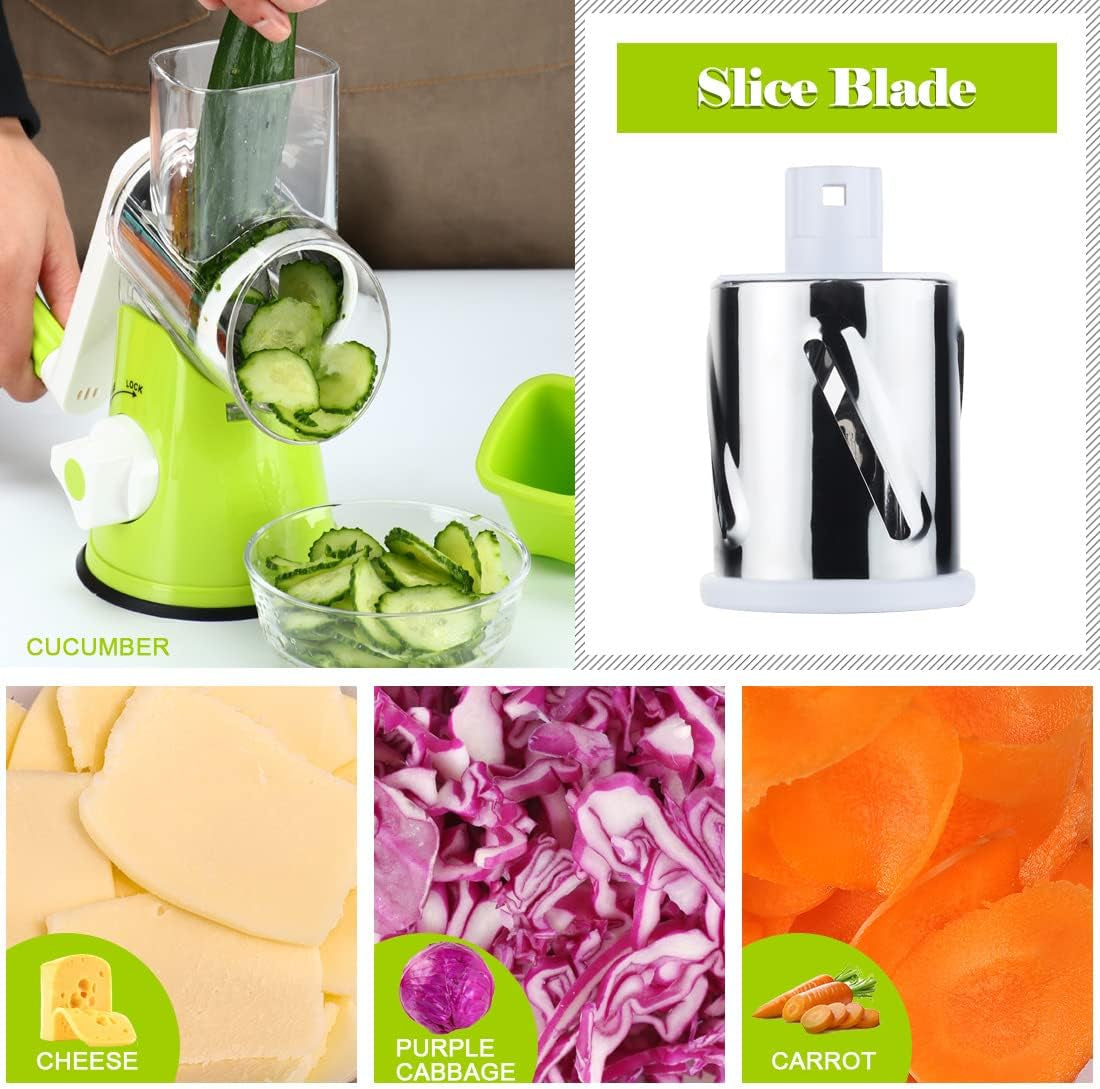 Rotary Cheese Grater Hand Crank, Kitchen Shredder Speed Mandolin Slicer Nut Grinder with Handle and Drum Blades for Cheese, Vegetable, Walnut, Chocolate, Potato, Carrot, 3 Blades, Green