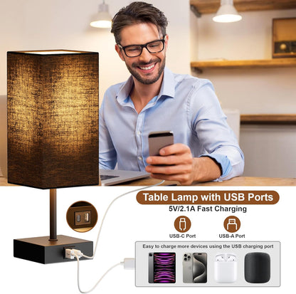 Table Lamp for Bedroom, 3 Way Dimmable Touch Bedside Lamp, Small Lamp with 2 USB C+A Charging Ports, Black Nightstand Lamps for End Table, Living Room, Desk, Bulb Included