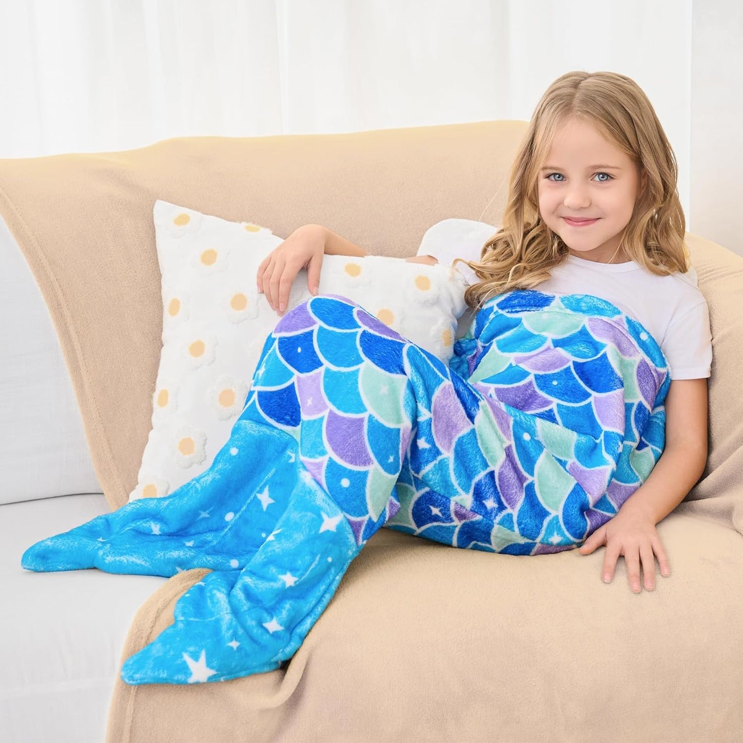 Kids Mermaid Tail Blanket, Soft Flannel Blanket, Girl'S Mermaid Toys, Toddlers Girls Fleece Mermaid Tail Blanket with Star, Fish Scale Pattern, Blue, Gifts for Girls, 17" X 39"