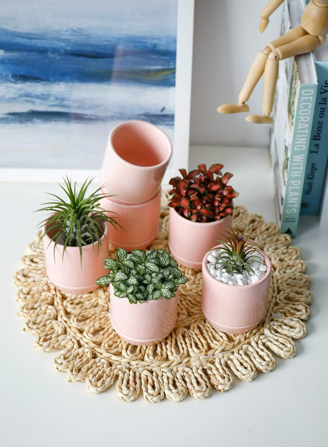 Succulent Planters Pots for Plants Indoor - 3.1 Inch Glazed Ceramic Small Plant Pot with Drainage Hole & Saucer Indoor for Home Decor 055311, Set of 6, Plants NOT Included