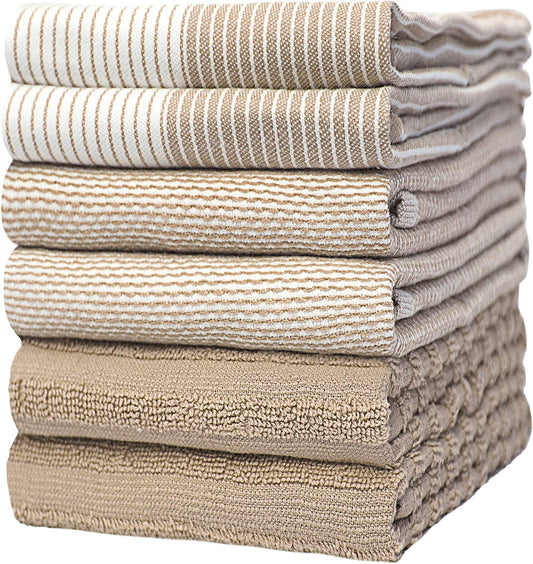 Premium Dish Towels (20”X 28”, 6 Pack) | Large Cotton Kitchen Hand Towels | | Flat & Terry Highly Absorbent Tea Towels Set with Hanging Loop | Tan