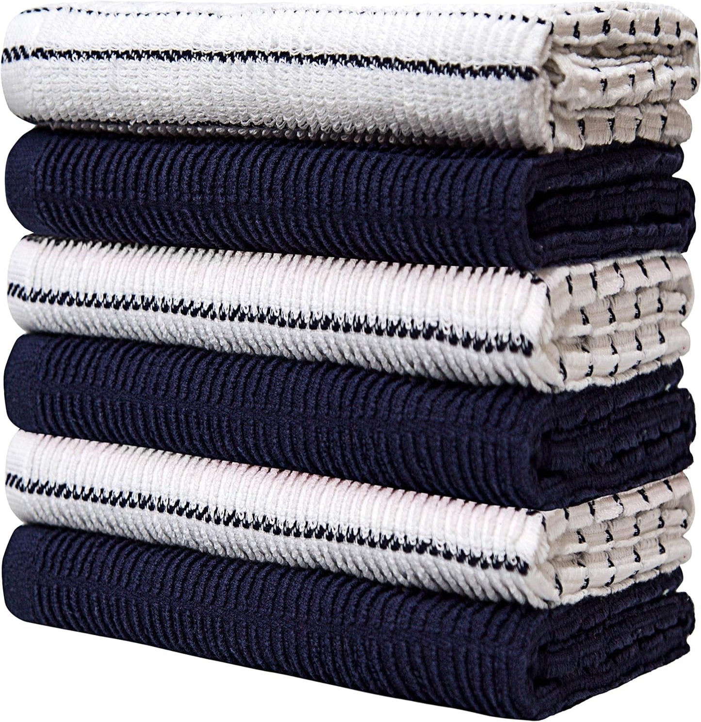 Pack of 6 Premium Bright Kitchen Towels Set - Striped Chef Weave Kitchen Hand Towels - Large, 380 GSM, Extra Absorbent - Dish Towels for Drying Dishes - Cotton Tea Towels - Kitchen Hand Towels - Navy