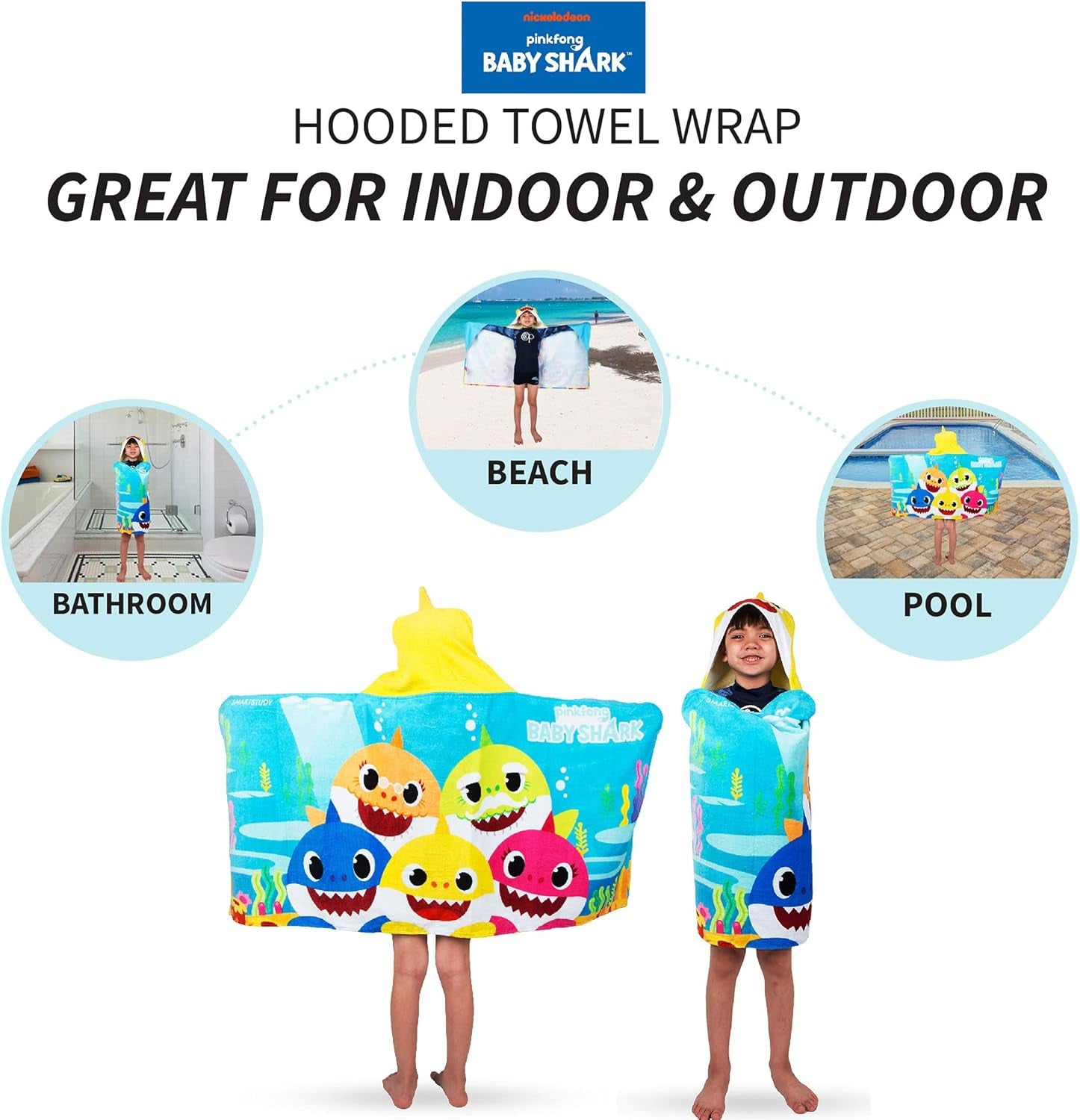 Kids Bath and Beach Soft Cotton Terry Hooded Towel Wrap, 24" X 50", Baby Shark