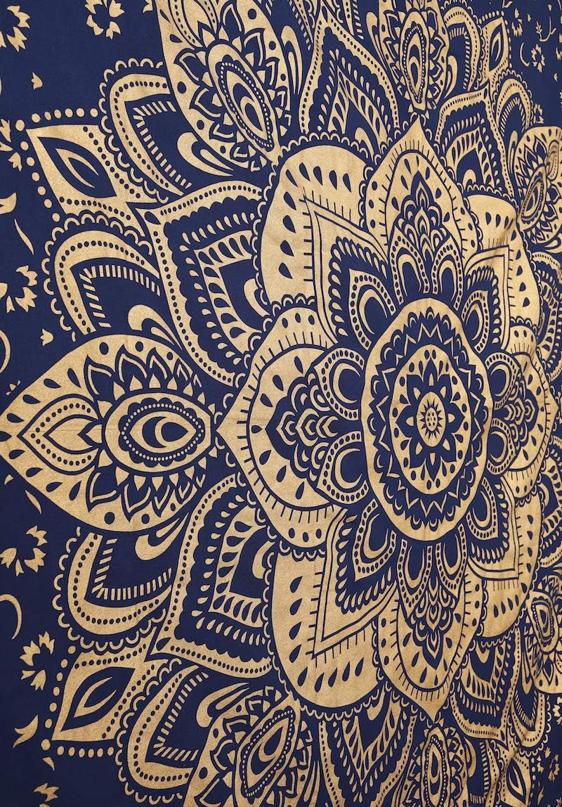 Mandala Tapestry Cotton | Indian Hippie Dorm Bohemian Psychedelic Peacock Mandala | Wall Hanging, Beach Throw, Bedsheet, Table Cover, Yoga Mat | Poster(Blue Dye-Gold, 30 X 40 Inch)