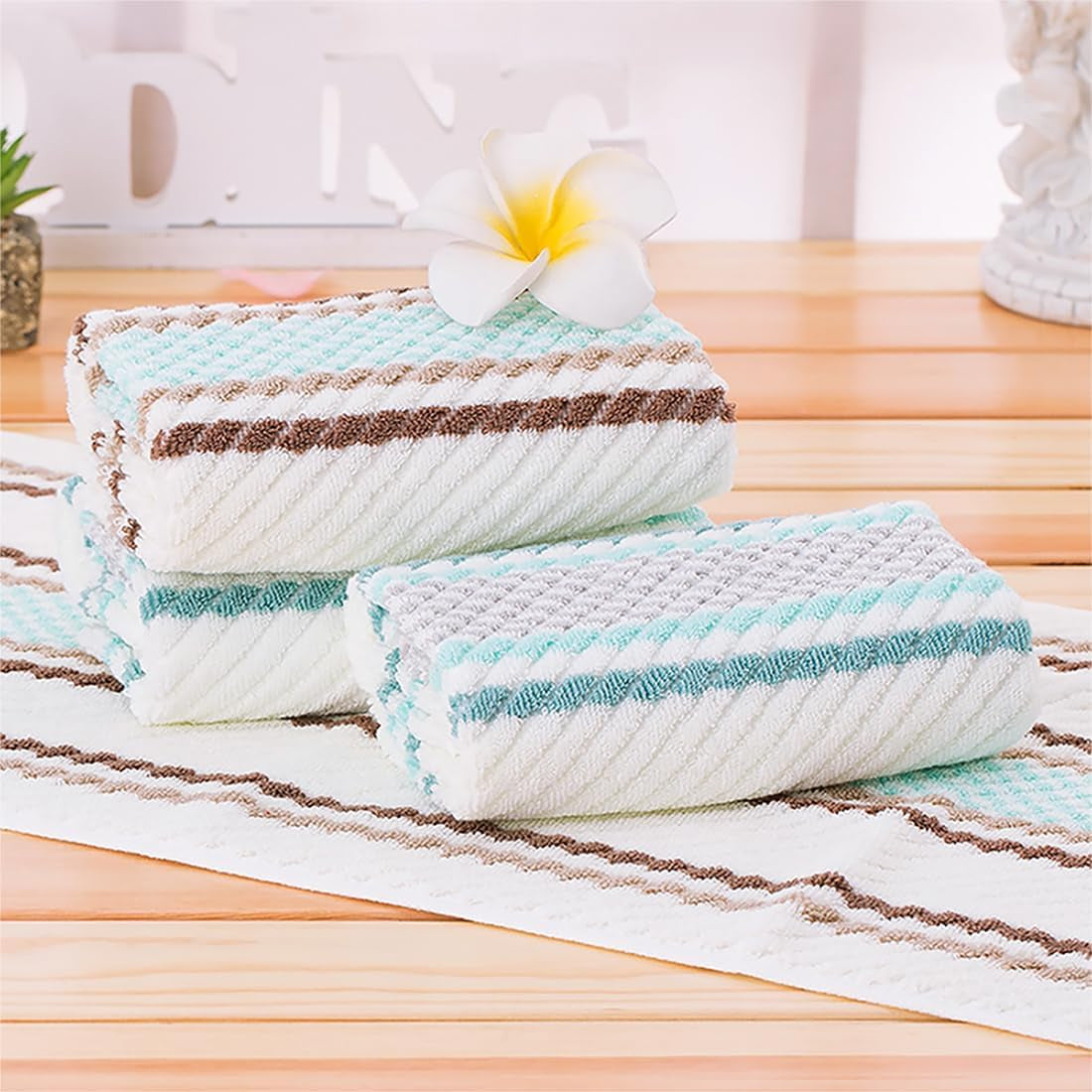 Hand Towels Set of 4 Striped Pattern 100% Cotton Soft Absorbent Decorative Towel for Bathroom 13.4 X 29.5 Inch (Green and Brown)