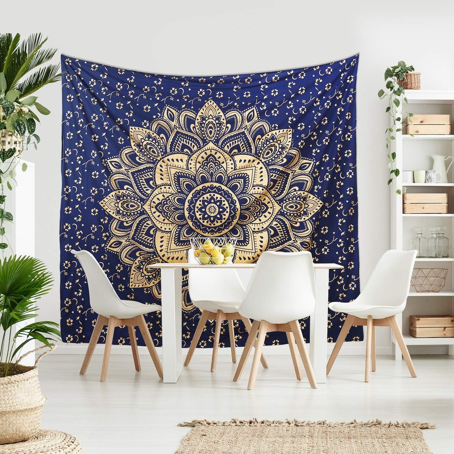 Mandala Tapestry Cotton | Indian Hippie Dorm Bohemian Psychedelic Peacock Mandala | Wall Hanging, Beach Throw, Bedsheet, Table Cover, Yoga Mat | Poster(Blue Dye-Gold, 30 X 40 Inch)