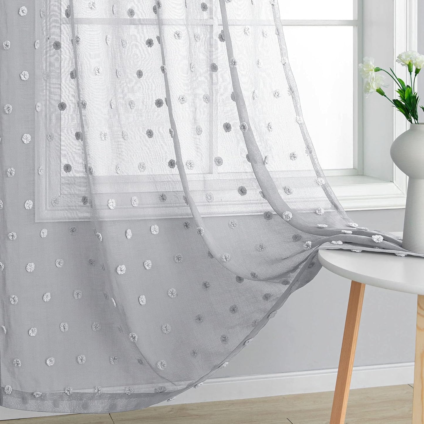 Grey Curtains 63 Inch Length for Boho Boys Nursery Decor 2 Panel Sets Semi Sheer Rod Pocket Pom Pom Embroidery Cute Fuzzy Curtains for Girls Room Kids Bedroom Area 52 X 63 Inches Long Light Gray