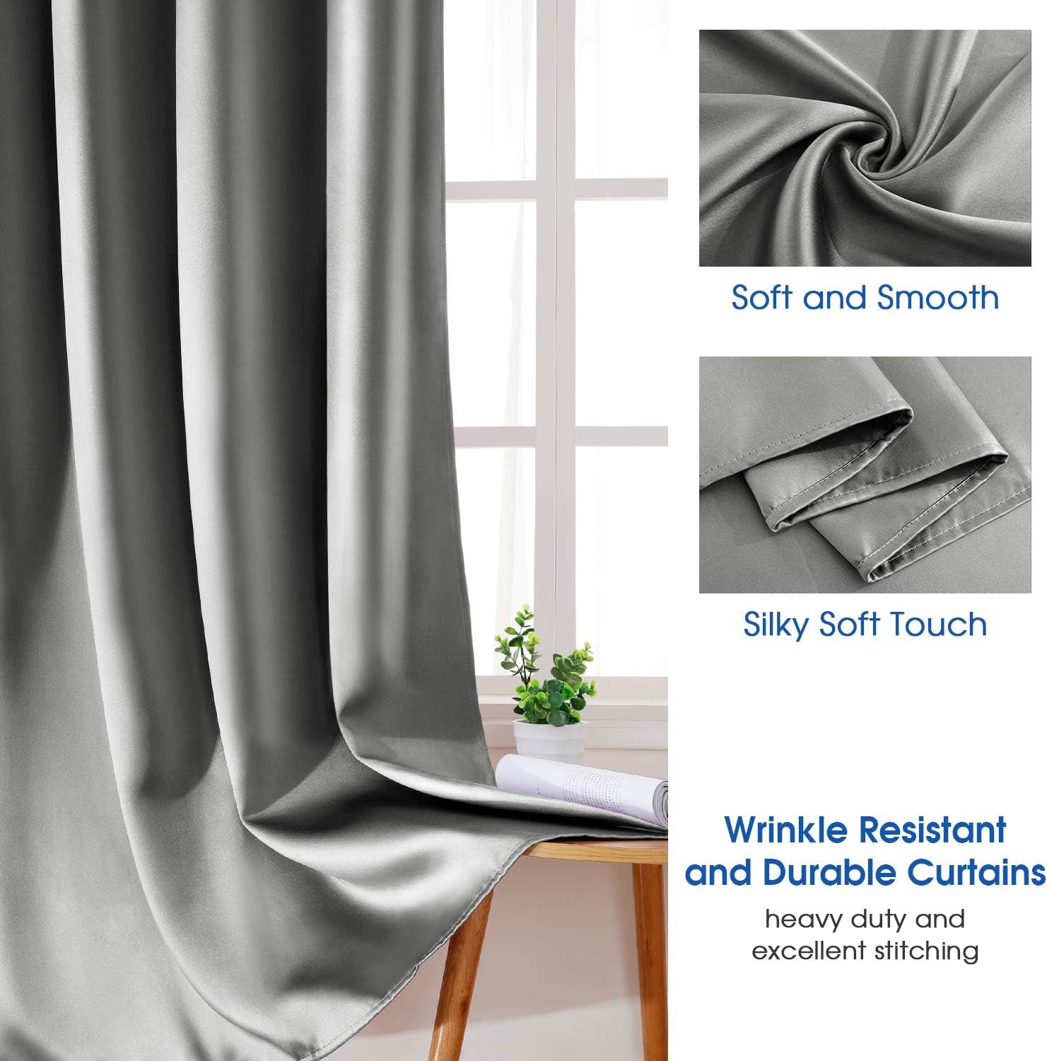 2 Panels Silver Grey Faux Silk Blackout Curtains, 52 X 96 Inch Room Darkening Satin Thermal Insulated Window Drapes for Bedroom, Indoor