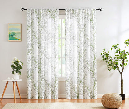 Green Sheer White Curtains 84” for Living Room Grey Tree Branches Print Curtain Set Linen Textured Semi-Sheer Window Drapes for Bedroom Rod Pocket, 2 Panels