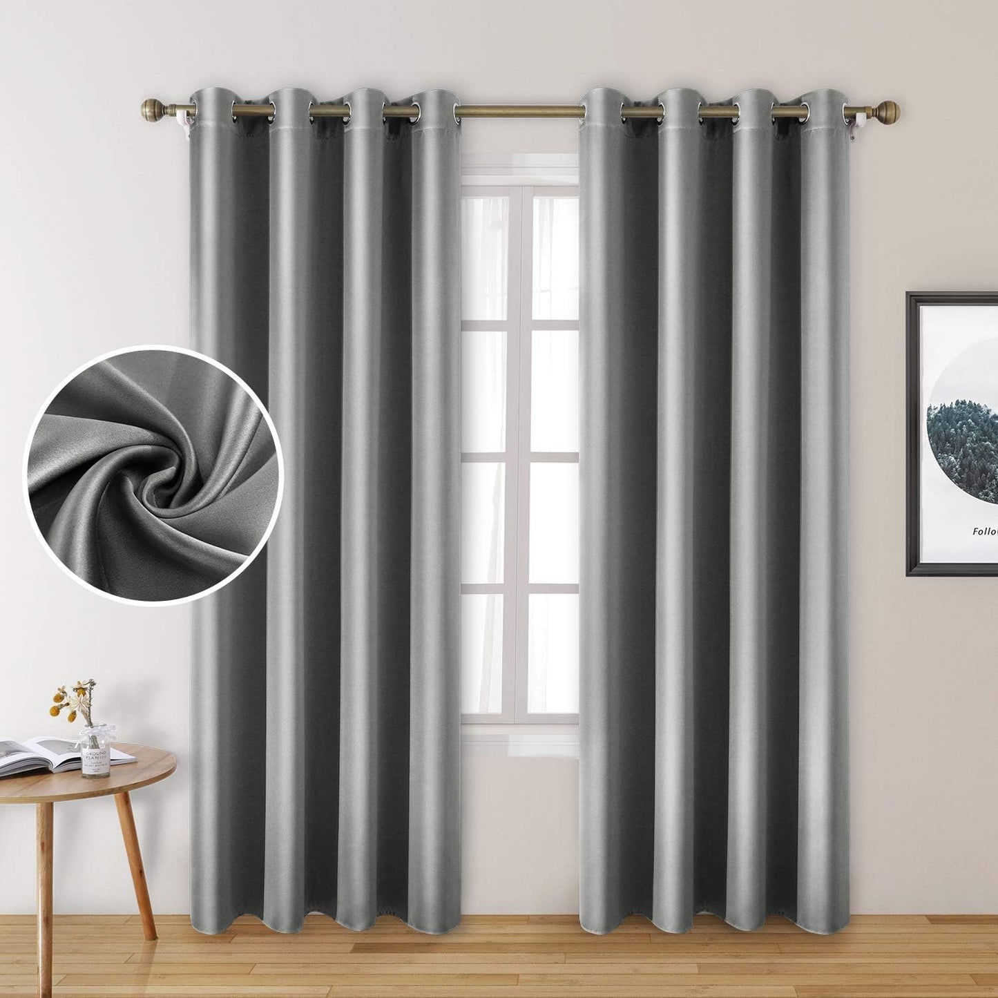 2 Panels Silver Grey Faux Silk Blackout Curtains, 52 X 96 Inch Room Darkening Satin Thermal Insulated Window Drapes for Bedroom, Indoor