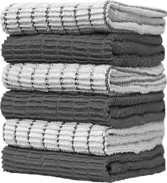 Pack of 6 Premium Bright Kitchen Towels Set - Striped Chef Weave Kitchen Hand Towels - Large, 380 GSM, Extra Absorbent - Dish Towels for Drying Dishes - Cotton Tea Towels - Kitchen Hand Towels - Grey