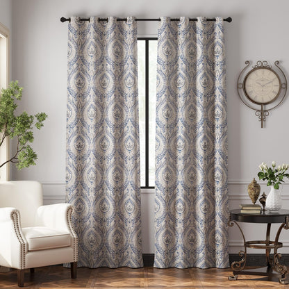 Linen Textured Curtains for Living Room Darkening 90 Inch Length, Medallion Drapes for Bedroom, Damask Pattern Window Treatments Vintage Curtain Panels, 2 Panels Blue on Greige