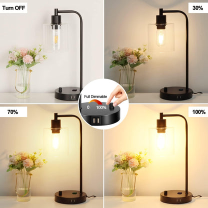 Set of 2 Industrial Table Lamp with 2 USB Port and AC Outlet, Fully Stepless Dimmable Modern Nightstand Lamp, Glass Lampshade Desk Lamp for Bedroom Living Room Office, 2 LED Bulbs Included