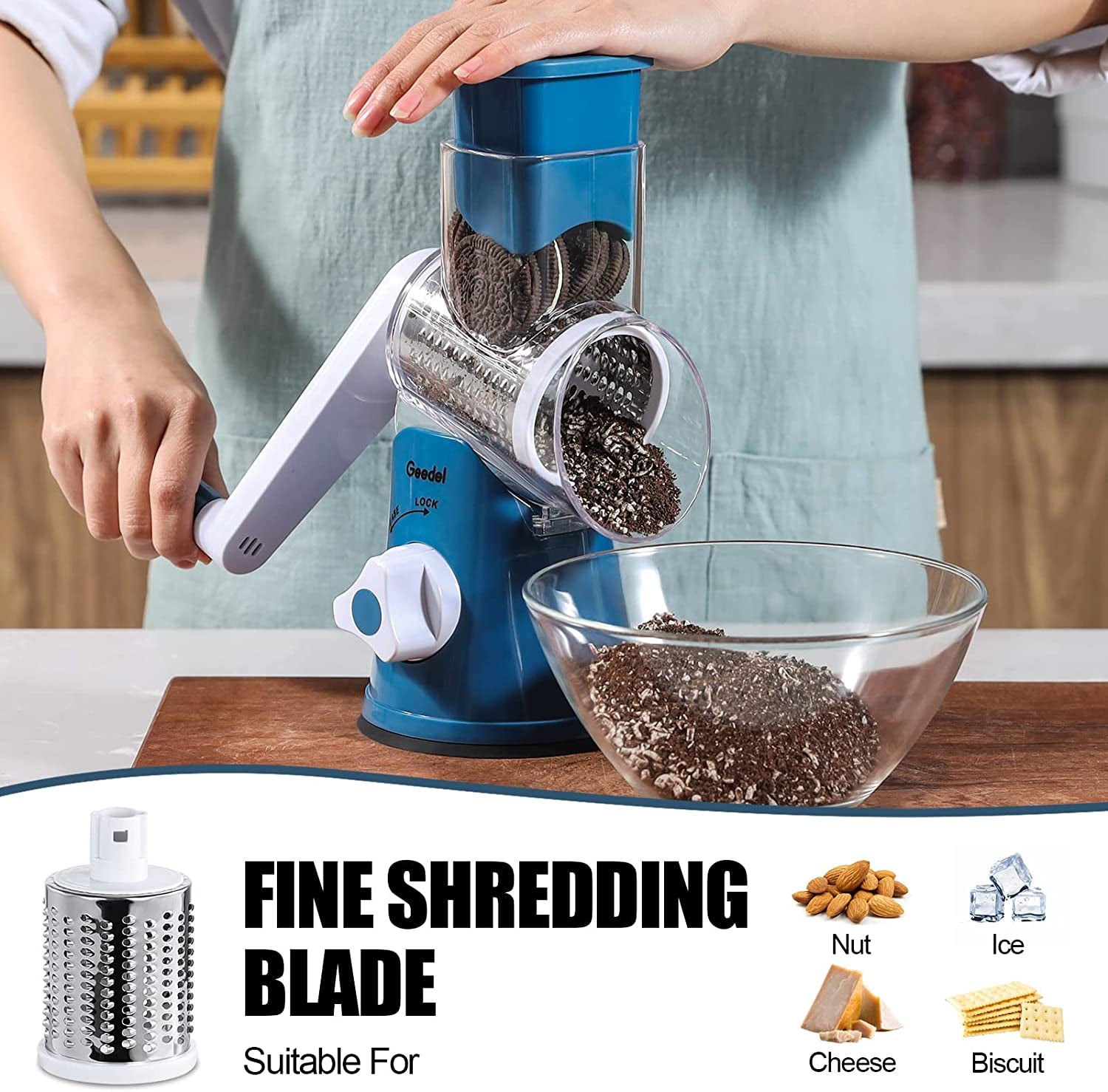 Rotary Cheese Grater, Kitchen Mandoline Vegetable Slicer with 3 Interchangeable Blades, Easy to Clean Rotary Grater Slicer for Fruit, Vegetables, Nuts