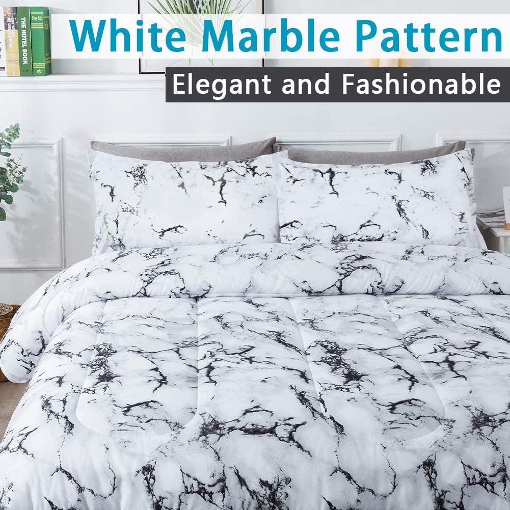 White Marble Comforter Queen(90X90Lnch), 3Pieces(1 Marble Comforter and 2 Pillowcases) Soft Microfiber Comforter Bedding Set for Men and Women